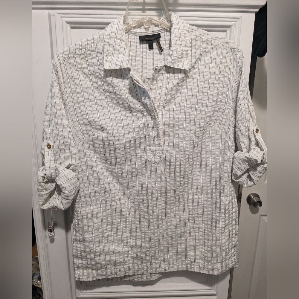 Donna Karan White and Black Tunic stripped top with pockets sz M